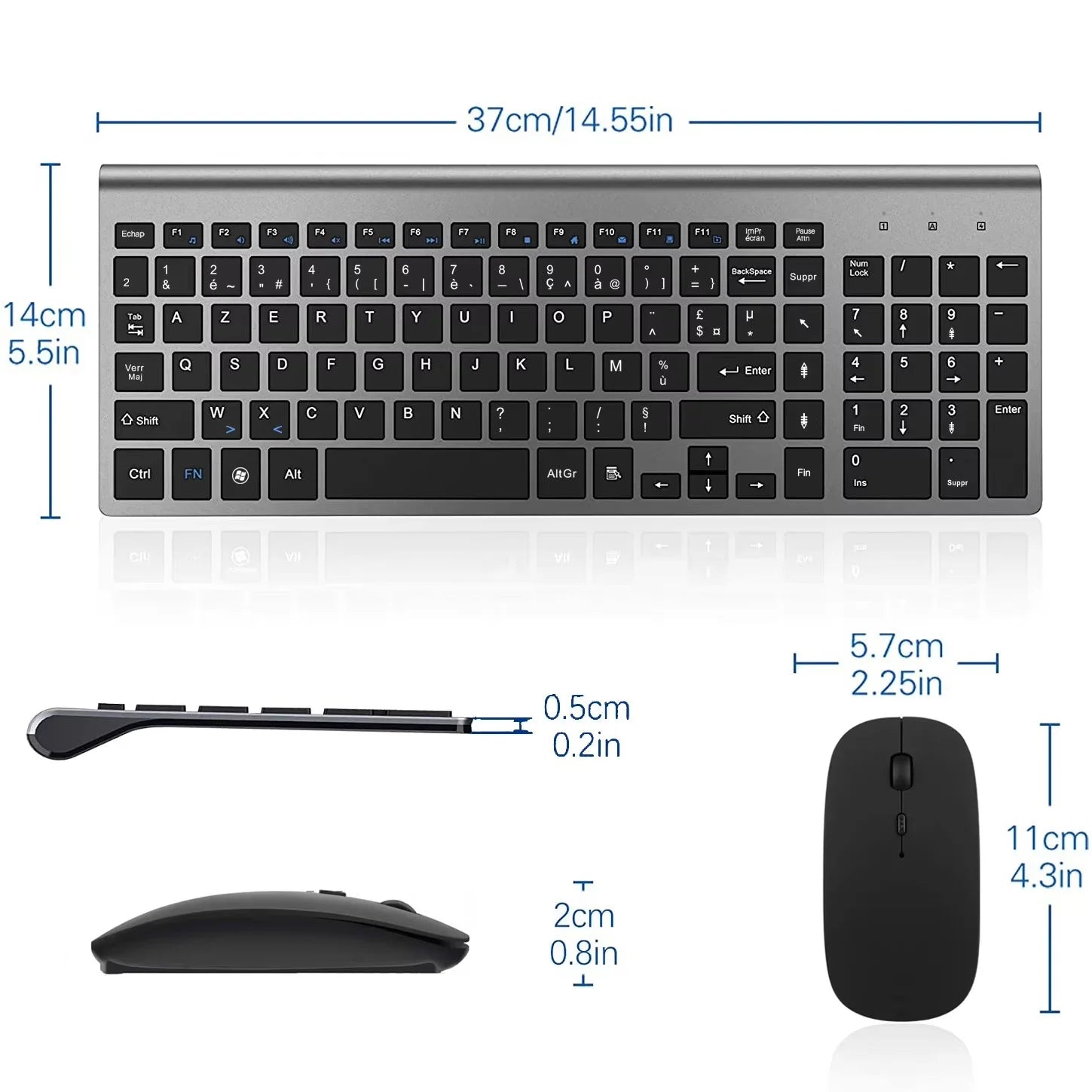 Wireless French Keyboard and Mouse Combo AZERTY Layout 2.4G USB Silent Ultra-Thin Compact Scissor for PC Laptop Desktop Windows