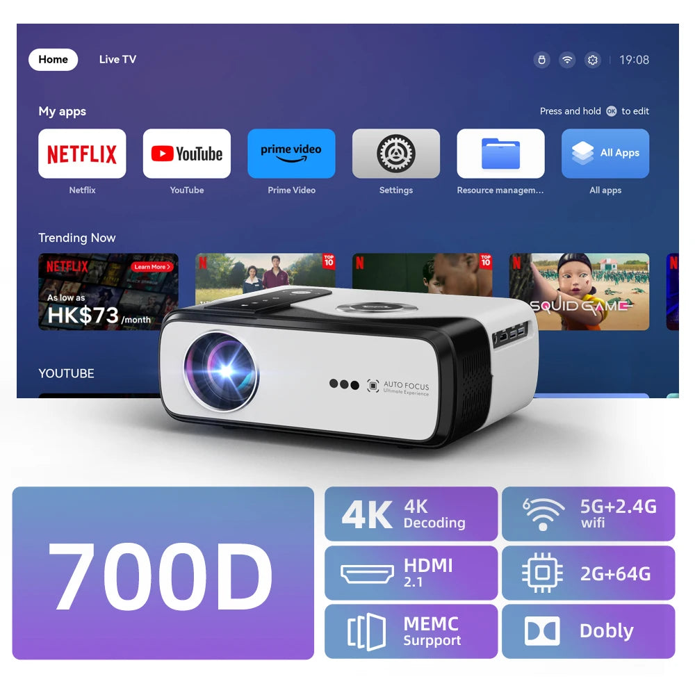new 4K UHD 2800ANSI projector auto focus 2+64G home theater Netflix HDR10+ 2.4+5G dual wifi Dolby MEMC gaming movie projectors