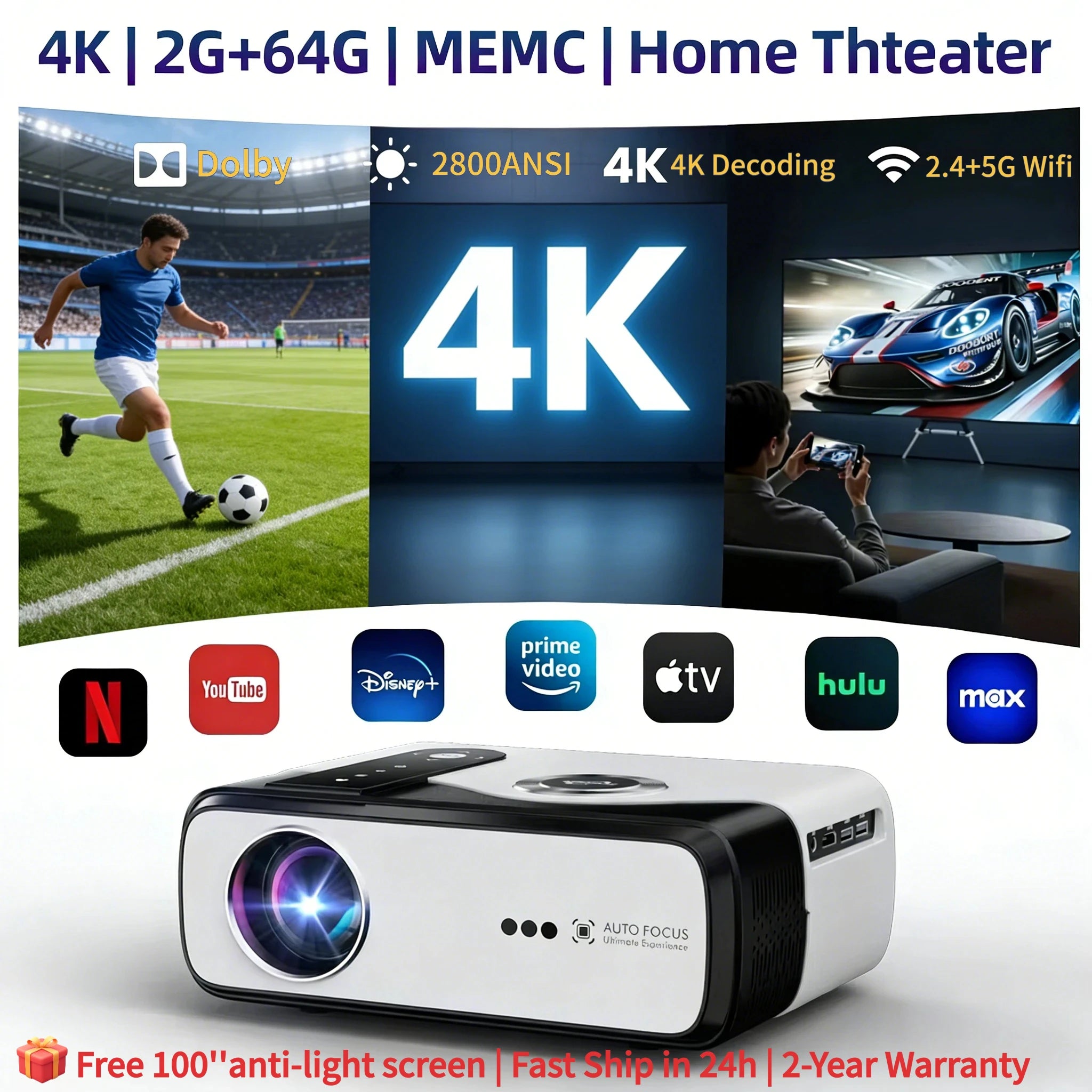 new 4K UHD 2800ANSI projector auto focus 2+64G home theater Netflix HDR10+ 2.4+5G dual wifi Dolby MEMC gaming movie projectors